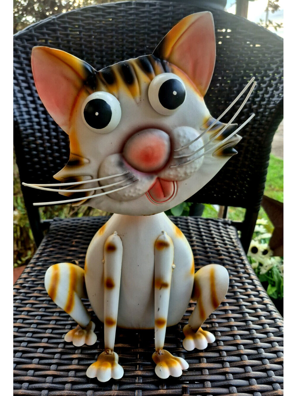 Bobble Head Metal Cat Lawn Garden Statue Orange White Tabby Yard Ornament 13"